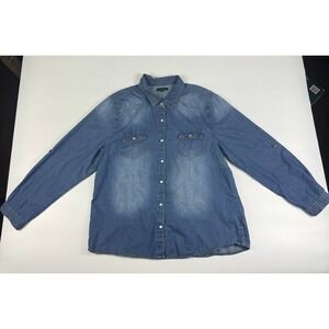 Sky Shirt Womens 1X Blue Chambray Long Sleeve Double Chest Pockets Pearl Snap